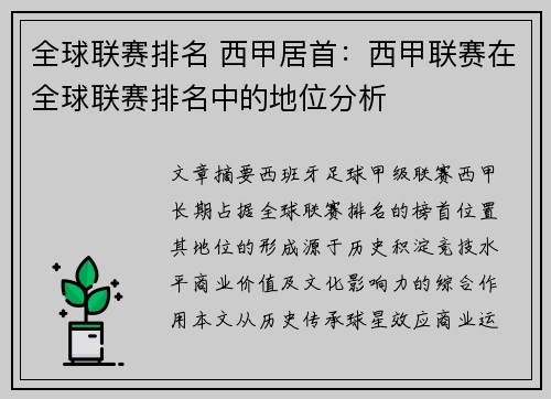全球联赛排名 西甲居首：西甲联赛在全球联赛排名中的地位分析