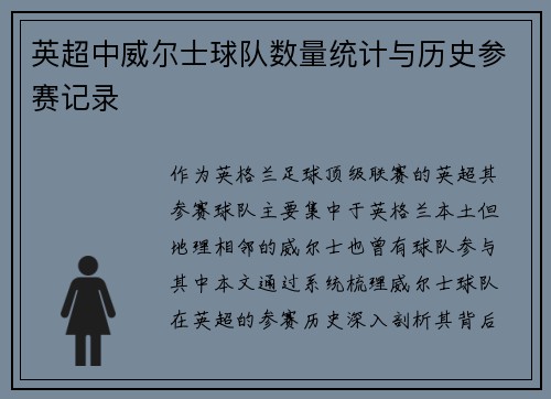 英超中威尔士球队数量统计与历史参赛记录