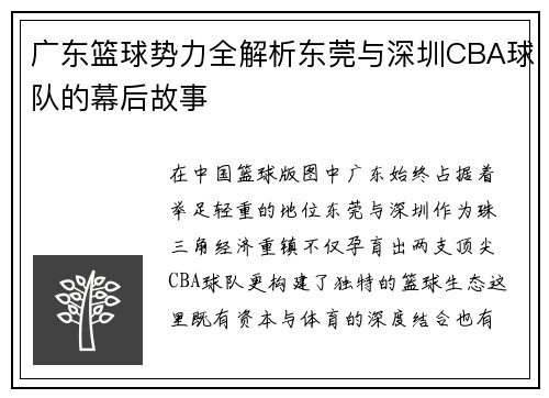 广东篮球势力全解析东莞与深圳CBA球队的幕后故事