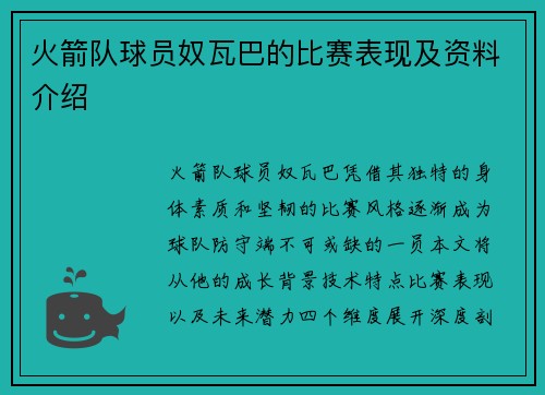 火箭队球员奴瓦巴的比赛表现及资料介绍